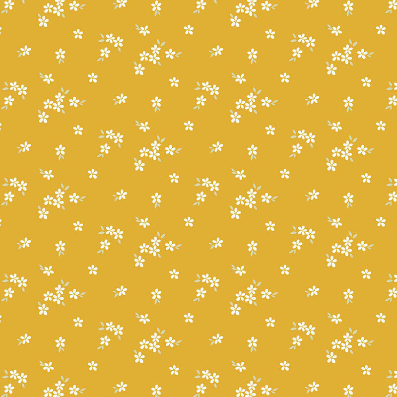 Pattern of small white flowers on a golden yellow background.