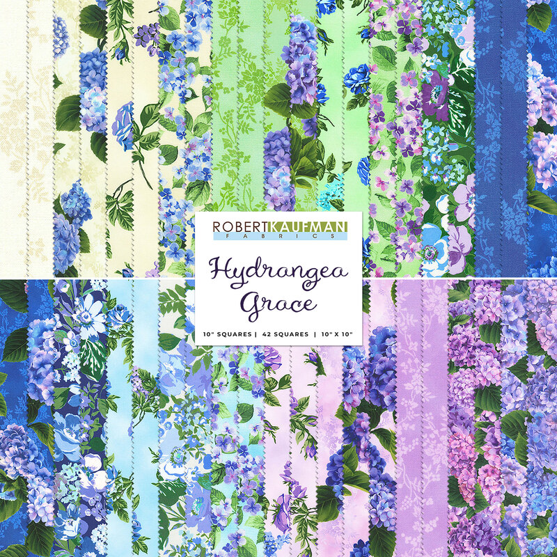 Digital collage, a sampling of the fabrics included in the Hydrangea Grace charm pack.