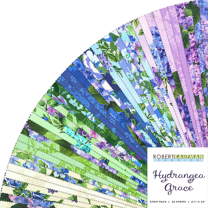 Fanned out collage, a sampling of the fabrics included in the Hydrangea Grace charm pack.