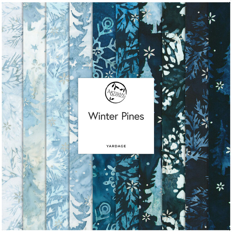 A collage of blue batik fabric strips with a label reading Winter Pines in a decorative frame.