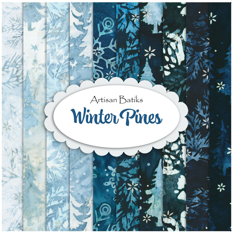 A collage of blue batik fabric strips with a label reading Winter Pines in a decorative frame.