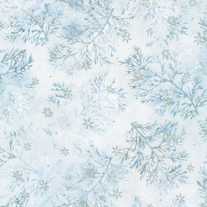 Light blue batik fabric with scattered gray-blue sprigs and silver metallic stars throughout