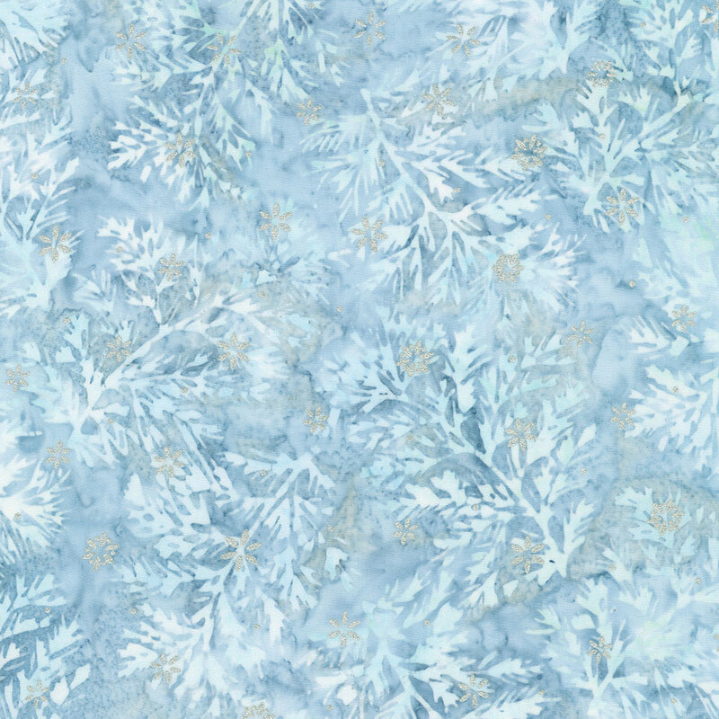 Batik with a light blue mottled background and delicate gold metallic accents.