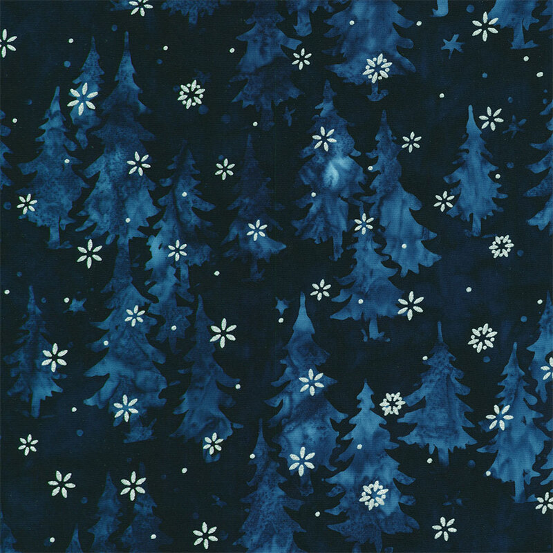 Fabric with dark blue trees and silver metallic stars on a navy background.