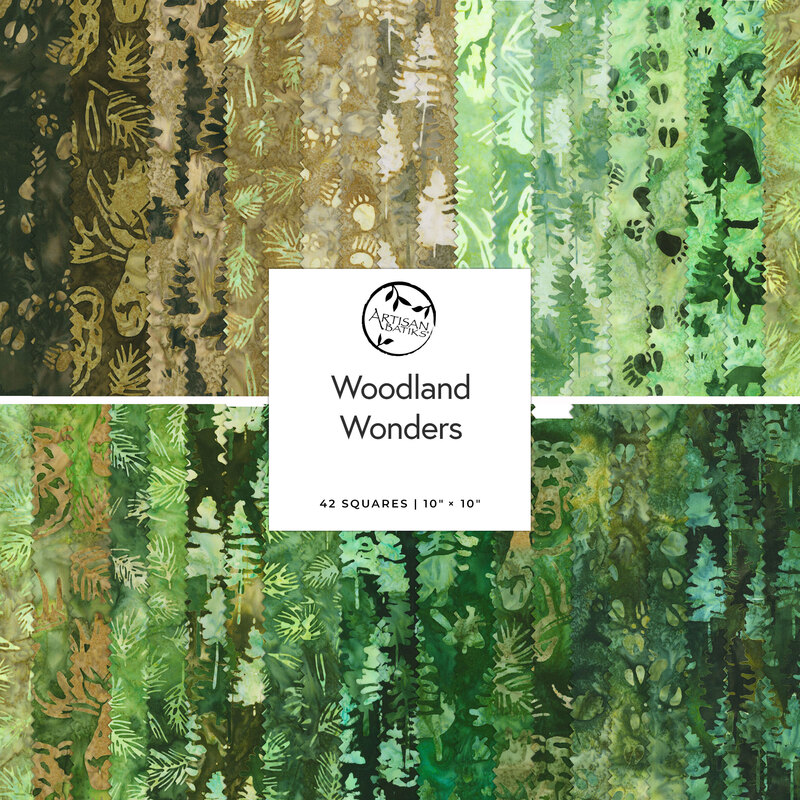 Patterned fabric swatches in various shades of green with forest motifs and Woodland Wonders label.