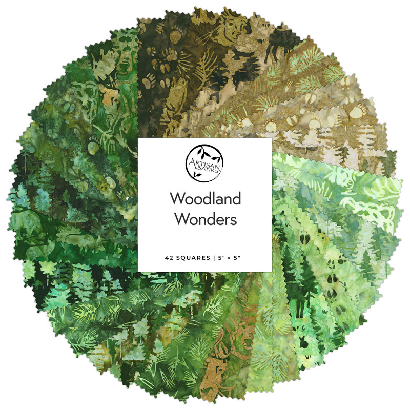 A circular display of green fabric squares labeled Woodland Wonders featuring various forest patterns.