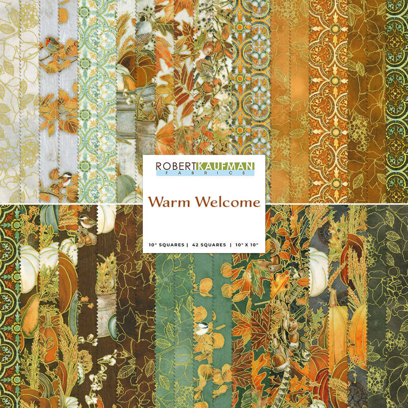 A collage of fabric swatches in warm colors, featuring floral and geometric patterns, titled Warm Welcome.