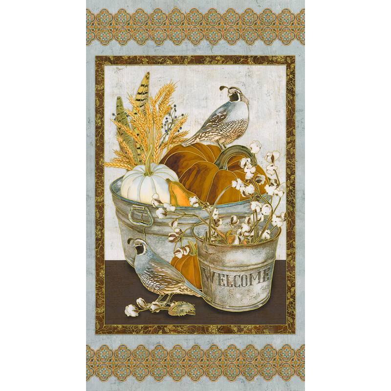 A decorative panel featuring two birds, pumpkins, and cotton in metal buckets with a welcome label.