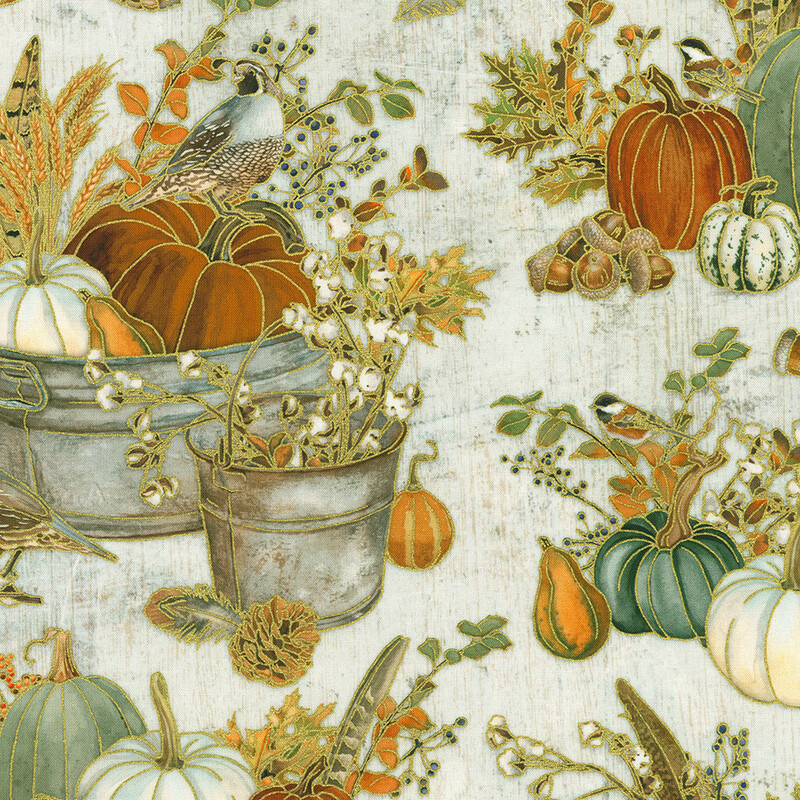 A colorful autumn scene featuring pumpkins, leaves, and birds over a textured white background.