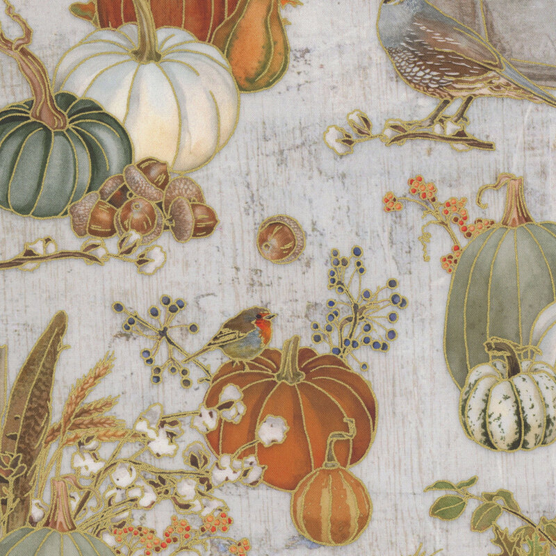 A colorful autumn scene featuring pumpkins, leaves, and birds over a textured white background.