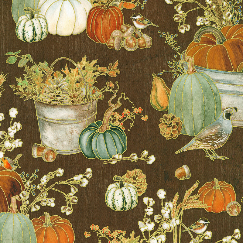 A textured brown background featuring pumpkins, a bird, acorns, and greenery in autumn colors.