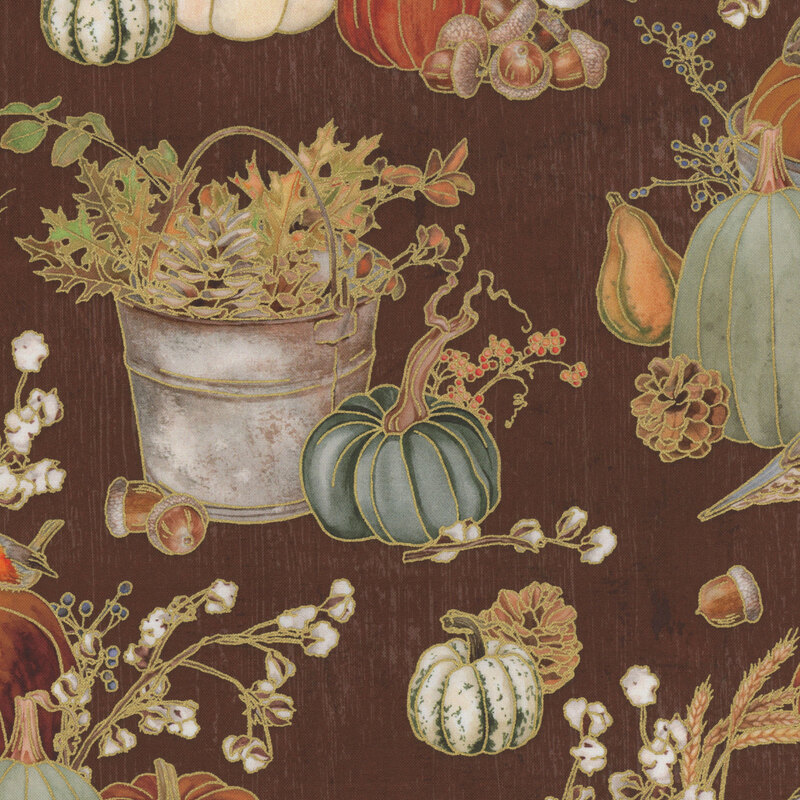 A textured brown background featuring pumpkins, a bird, acorns, and greenery in autumn colors.