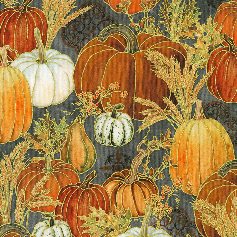 A vibrant pattern featuring various pumpkins, gourds, and wheat on a gray background.