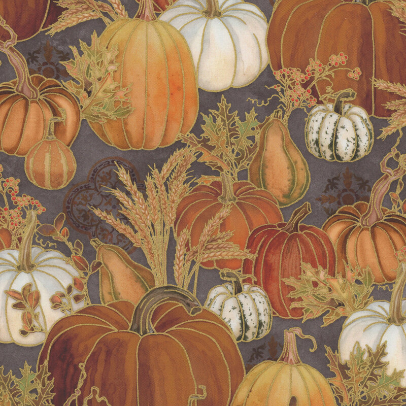 A vibrant pattern featuring various pumpkins, gourds, and wheat on a gray background.