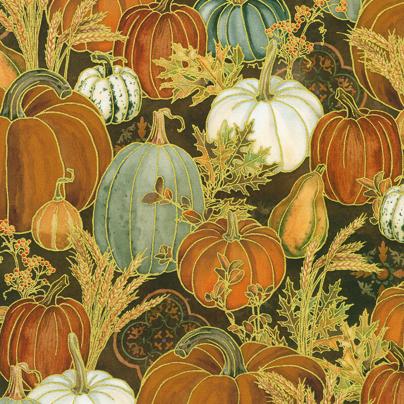 A patterned design featuring various pumpkins, gourds, and autumn foliage with a brown background.