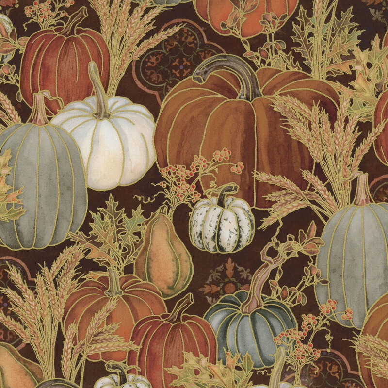 A patterned design featuring various pumpkins, gourds, and autumn foliage with a brown background.