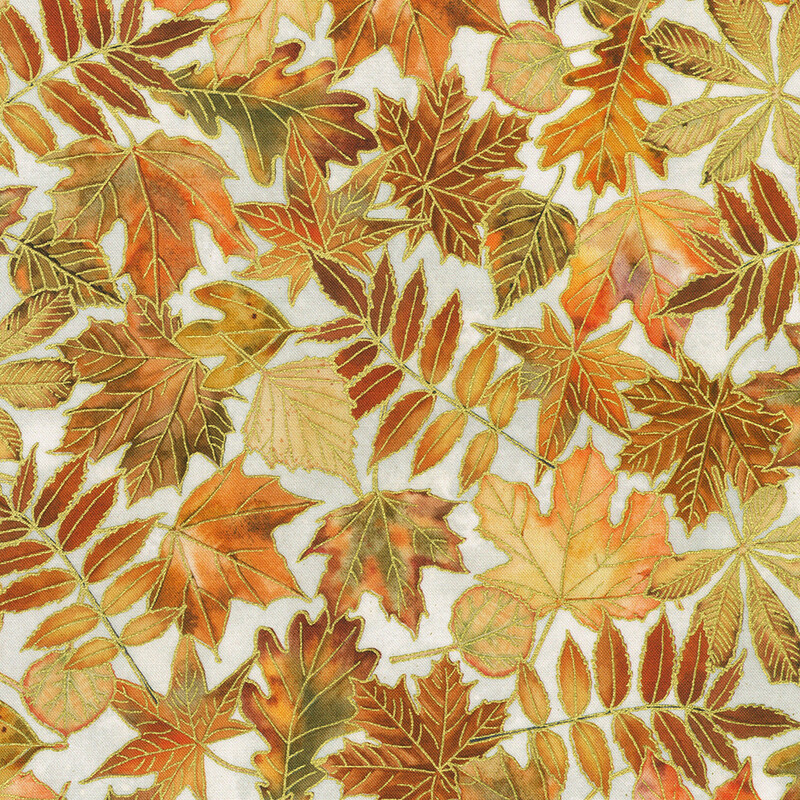 A dense arrangement of autumn leaves in various shades of orange, yellow, and brown on a white background.