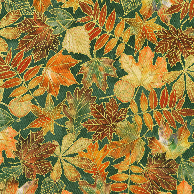 A vibrant pattern of various autumn leaves in shades of orange, yellow, and green on a green background.