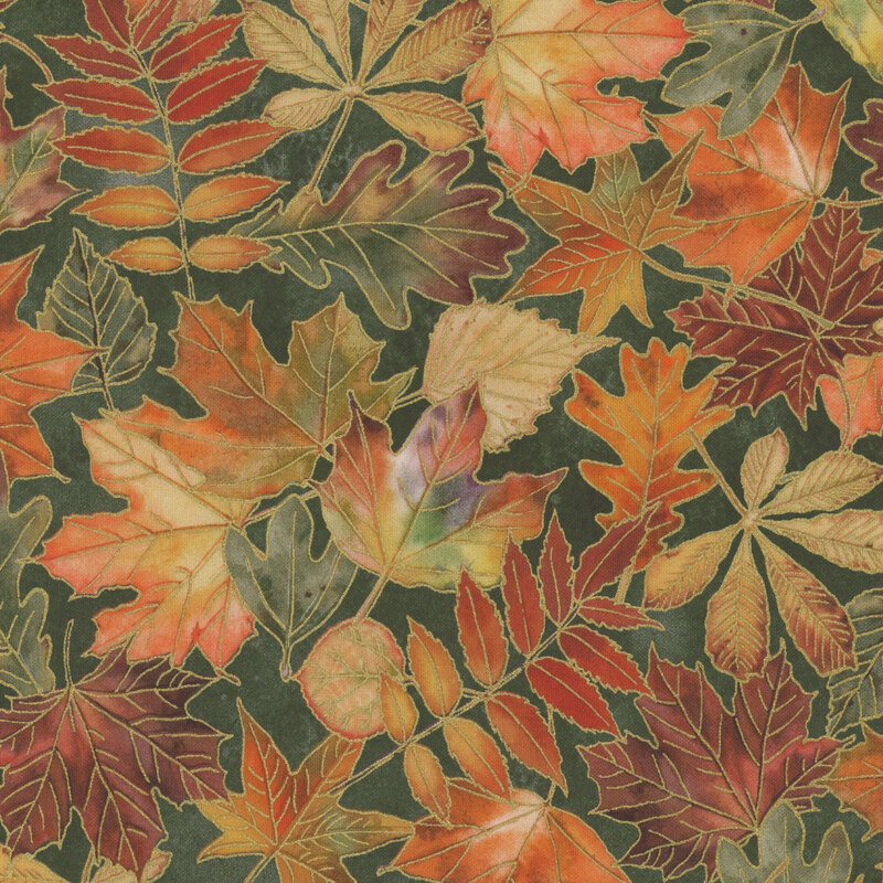 A vibrant pattern of various autumn leaves in shades of orange, yellow, and green on a green background.