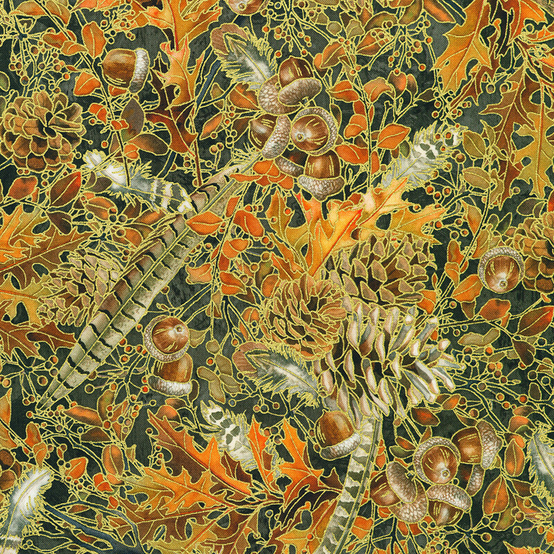 A dense pattern of autumn leaves, acorns, and pinecones on a black background.