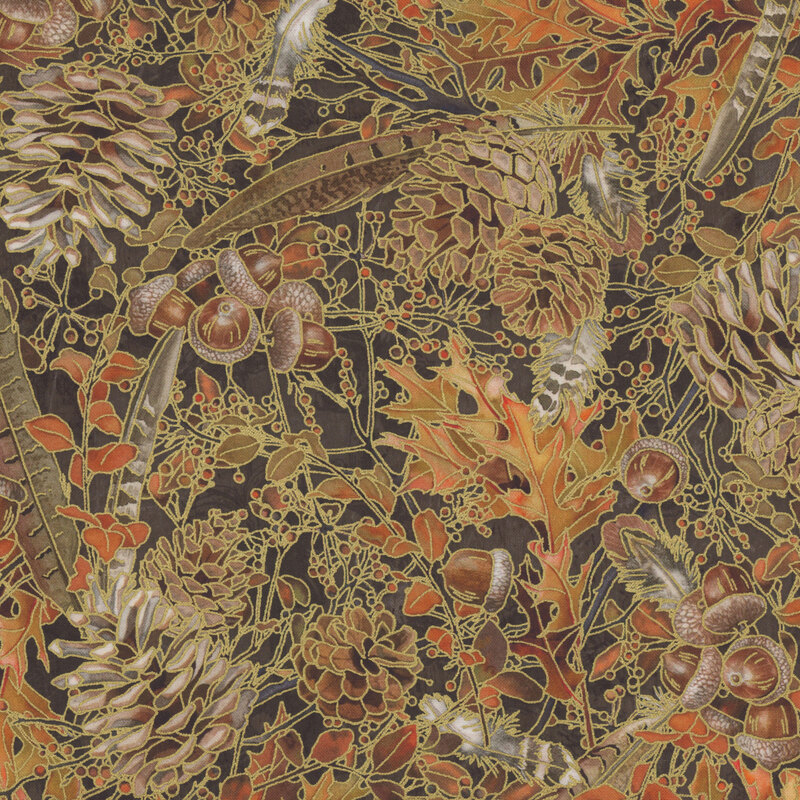 A dense pattern of autumn leaves, acorns, and pinecones on a black background.