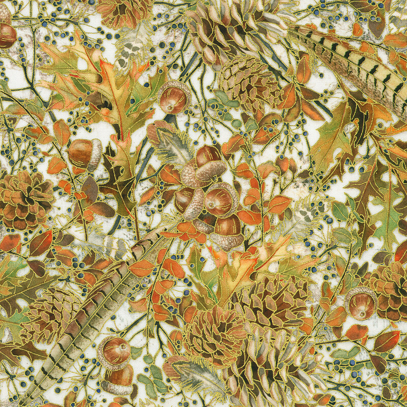 A detailed botanical pattern featuring pinecones, acorns, leaves, and colorful foliage over a white background.