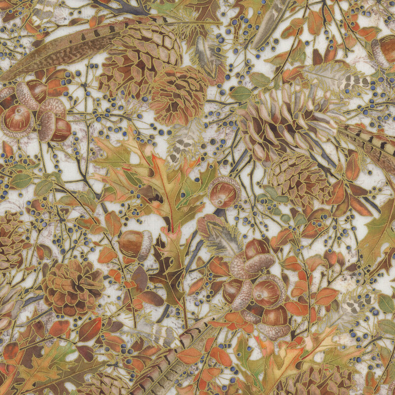 A detailed botanical pattern featuring pinecones, acorns, leaves, and colorful foliage over a white background.