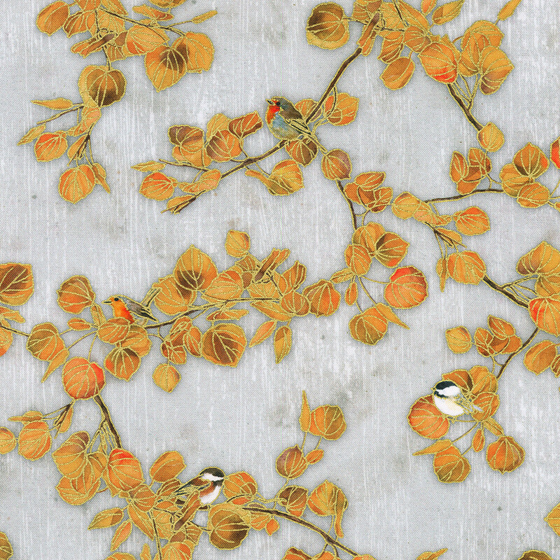 A pattern of stylized branches with orange leaves and small birds on a light gray background.