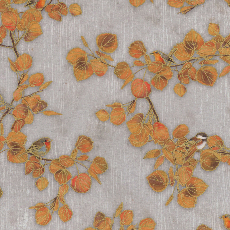 A pattern of stylized branches with orange leaves and small birds on a light gray background.