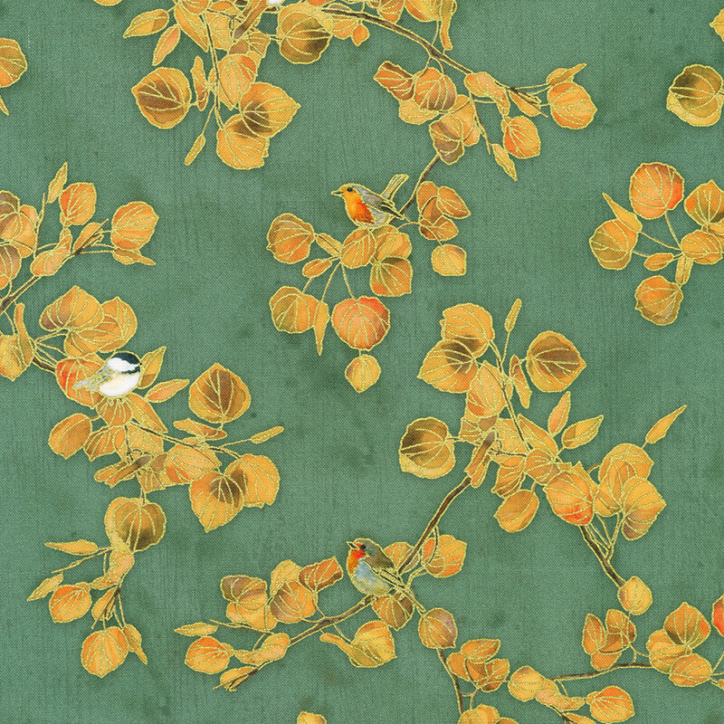 Pattern of orange leaves and small birds on a green background, creating a vibrant, natural scene.