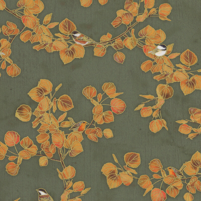 Pattern of orange leaves and small birds on a green background, creating a vibrant, natural scene.