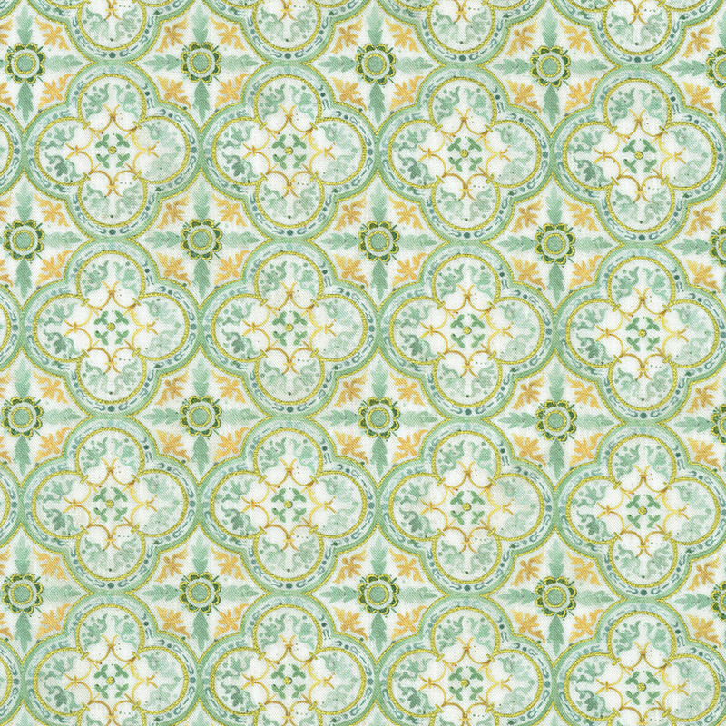 A repeating pattern of geometric motifs in soft green, white, and gold with leaf designs.