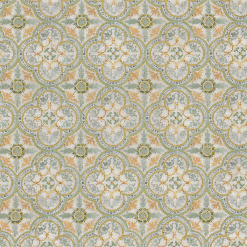 A repeating pattern of geometric motifs in soft green, white, and gold with leaf designs.