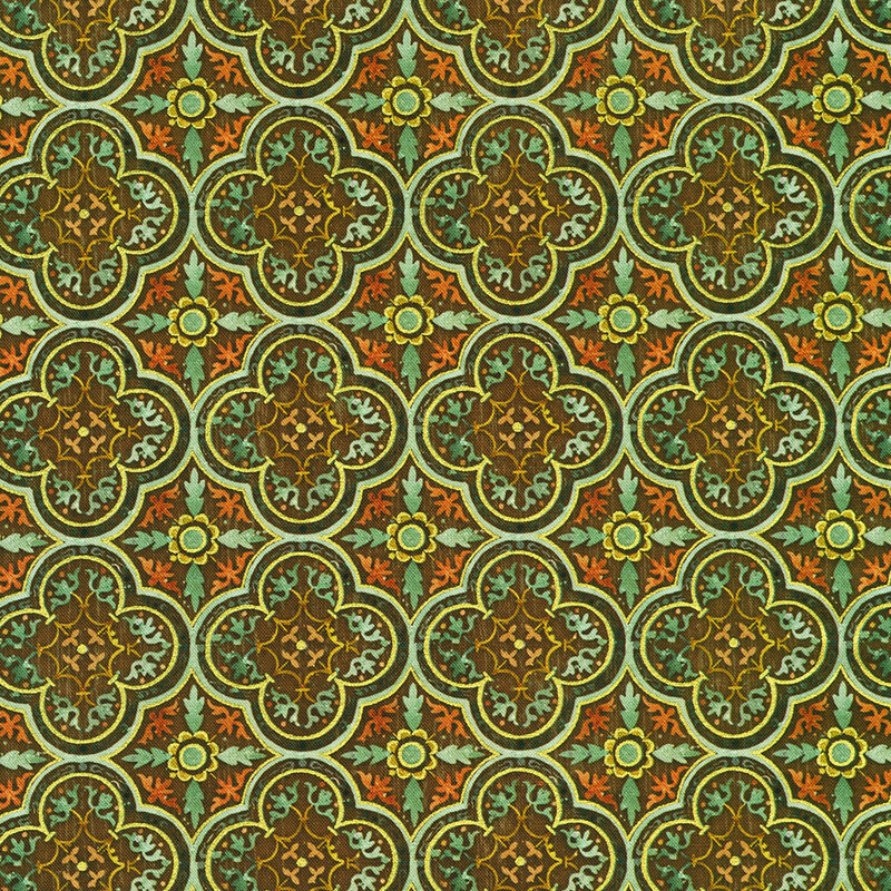 Geometric green fabric decorated with fall leaves 