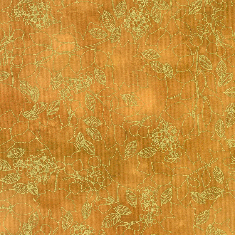 Patterned fabric with a amber background featuring gold outlines of leaves and berries.