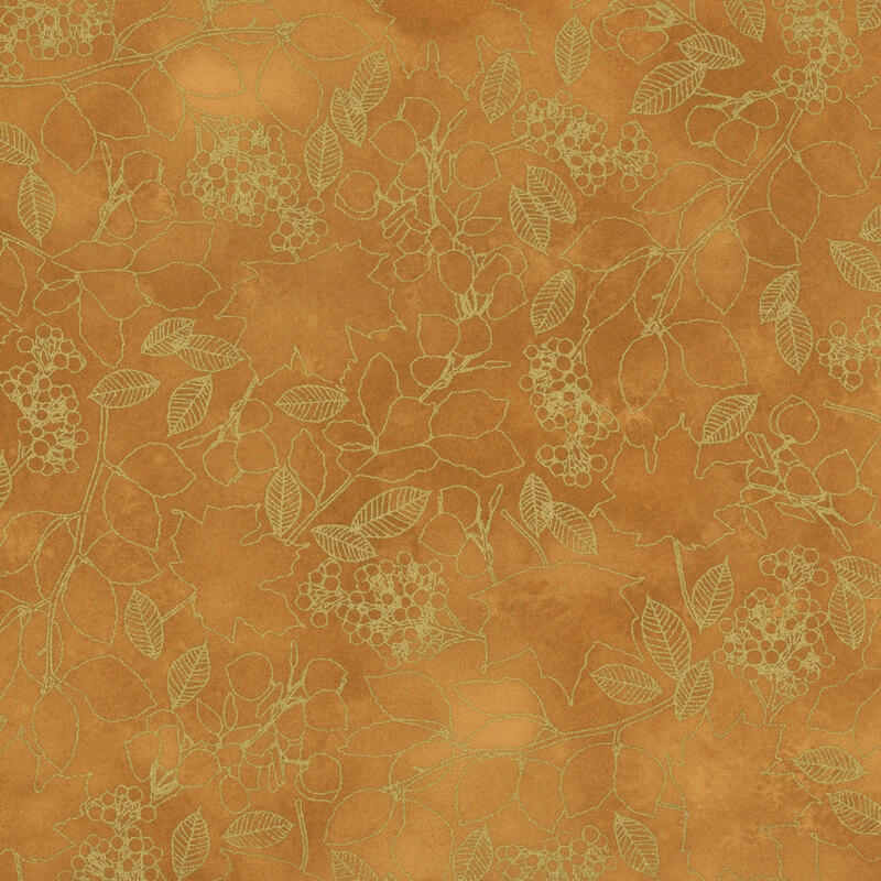 Patterned fabric with a amber background featuring gold outlines of leaves and berries.