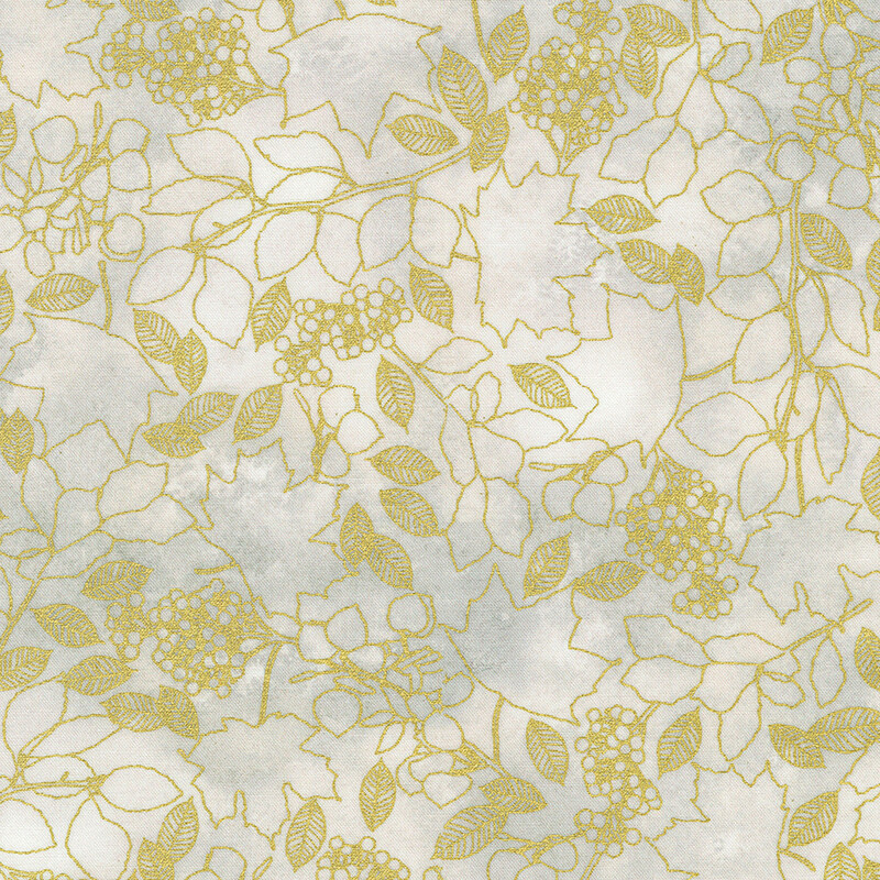 A white background featuring a delicate pattern of gold leaves and berries on a soft, muted surface.