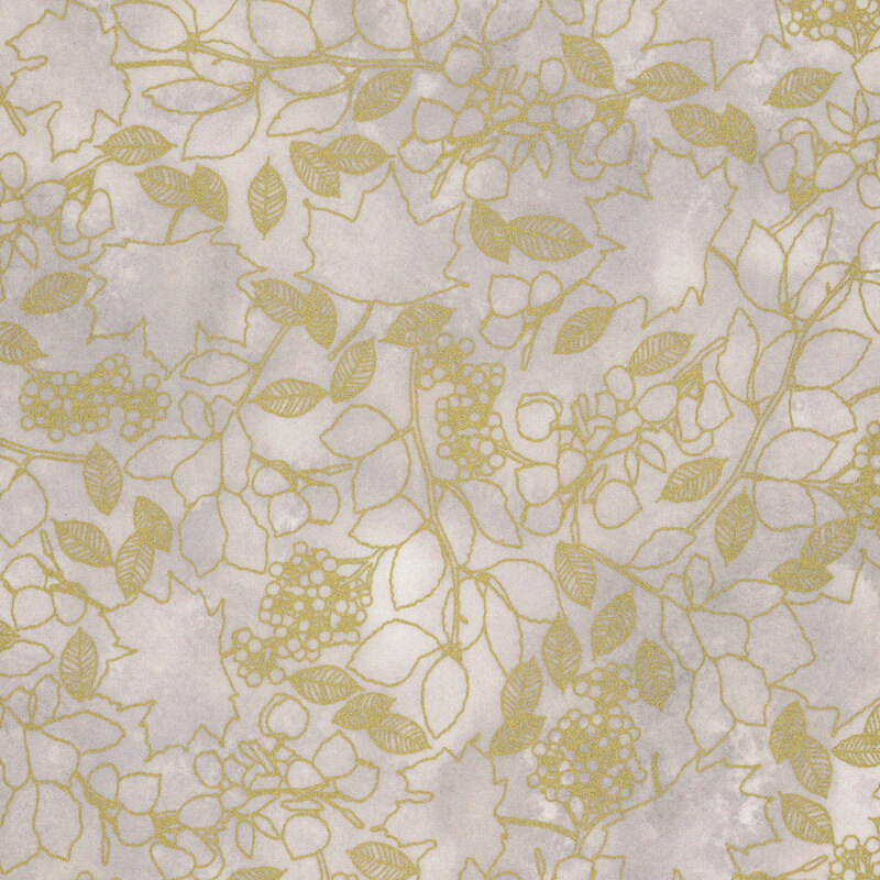 A white background featuring a delicate pattern of gold leaves and berries on a soft, muted surface.