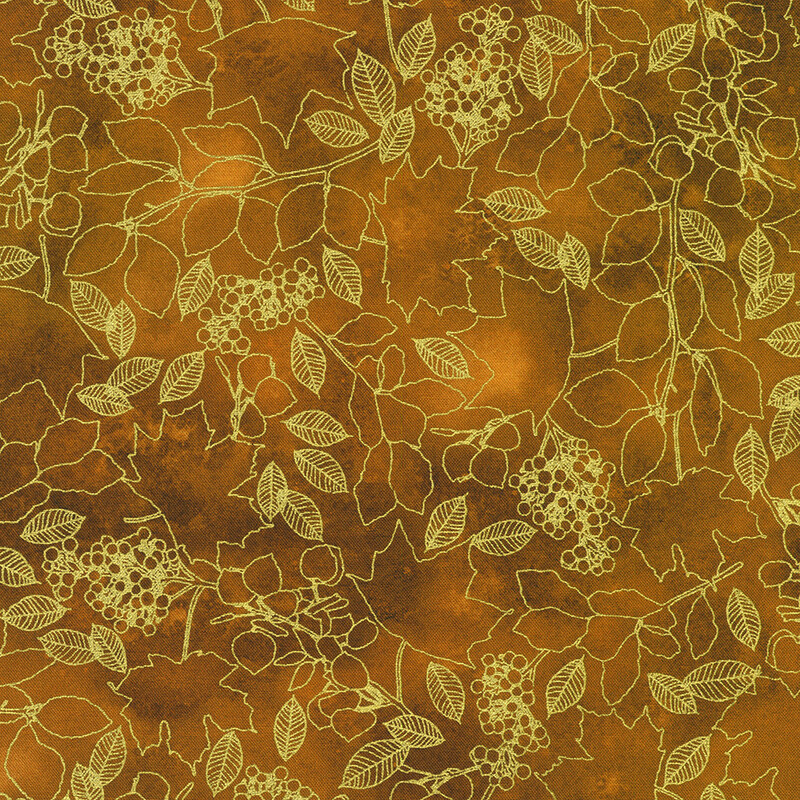 A textured rust fabric featuring an intricate design of golden leaves and clusters of berries.