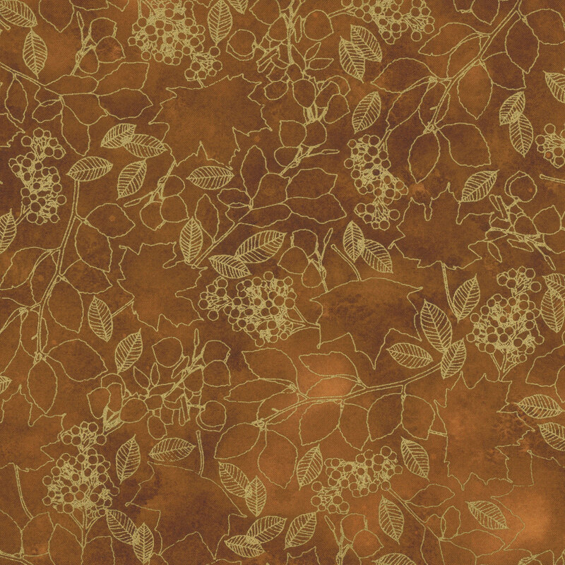 A textured rust fabric featuring an intricate design of golden leaves and clusters of berries.