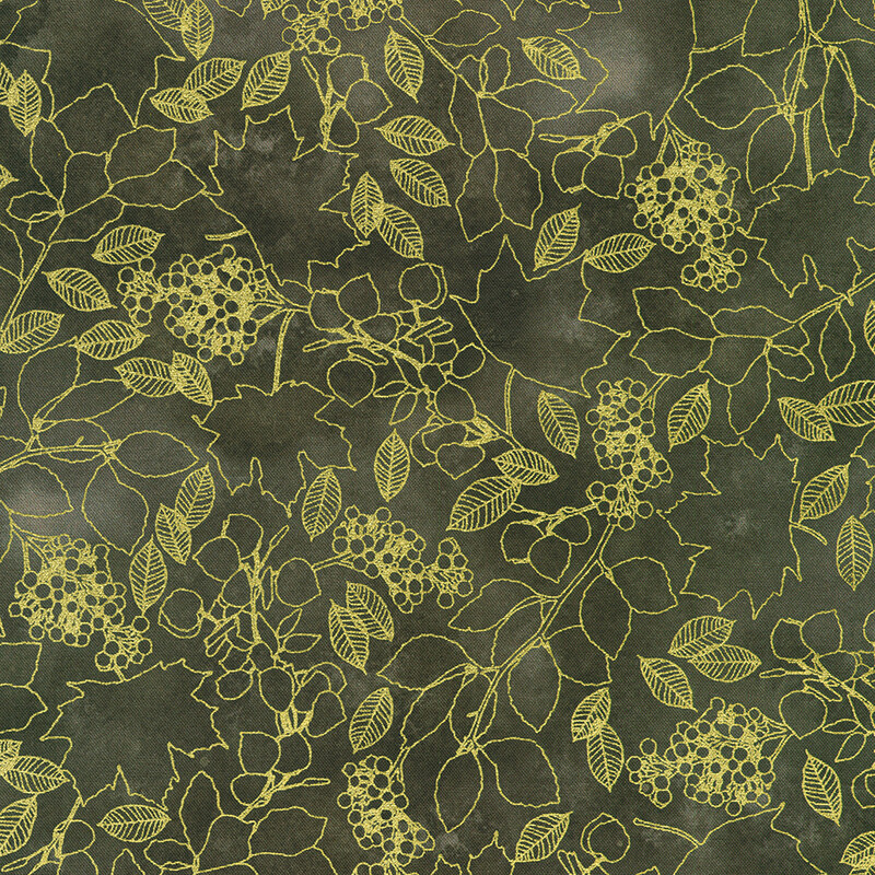 Mottled gray fabric with golden outlines of leaves, nuts, and berries. 