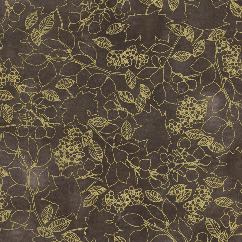 Mottled gray fabric with golden outlines of leaves, nuts, and berries. 