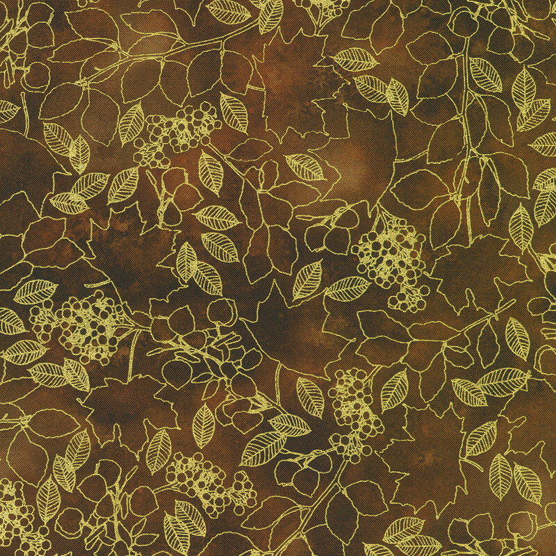 A brown background with intricate gold outlines of leaves and berries in a floral pattern.