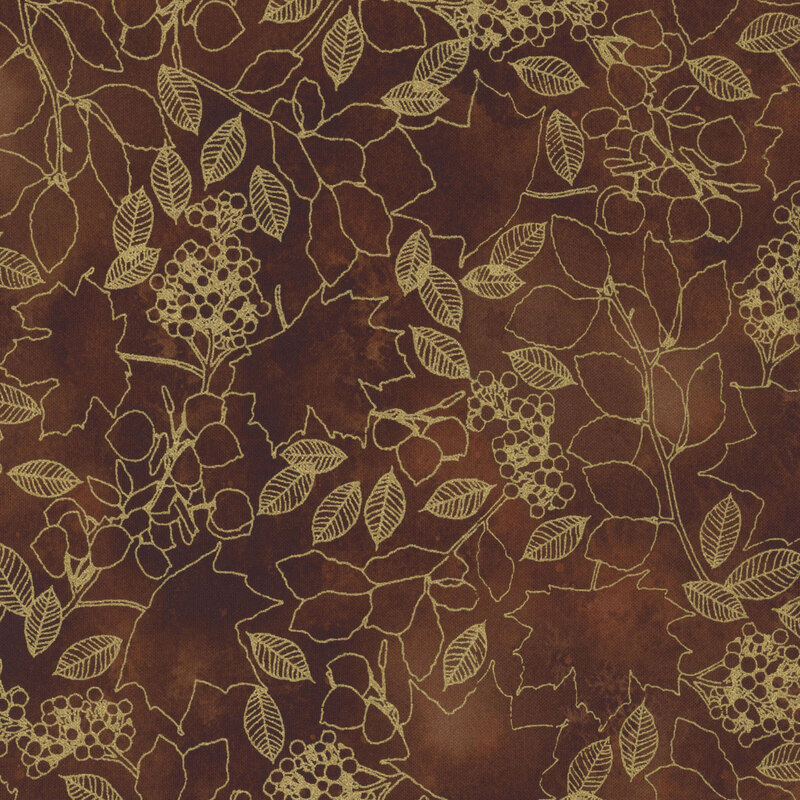 A brown background with intricate gold outlines of leaves and berries in a floral pattern.