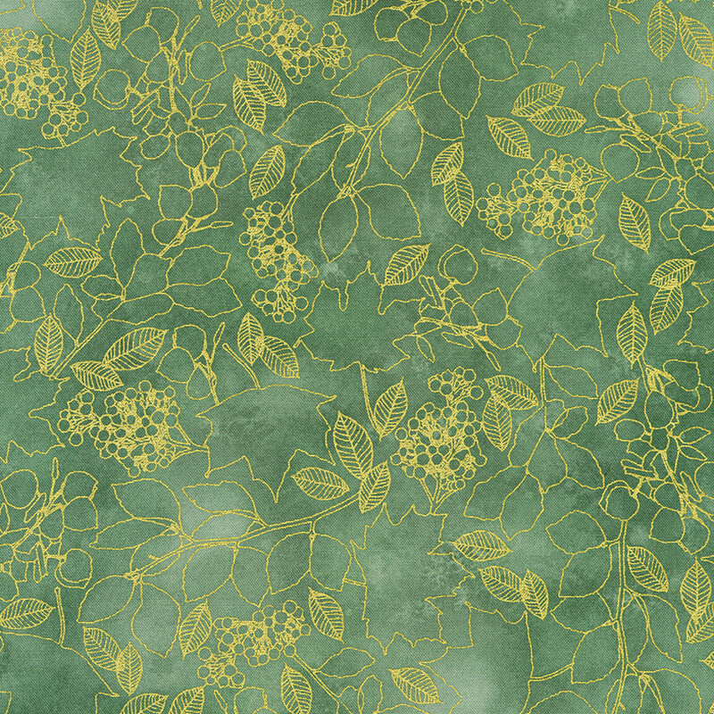 Pattern of green foliage with gold outlines of leaves and berries on a textured background.