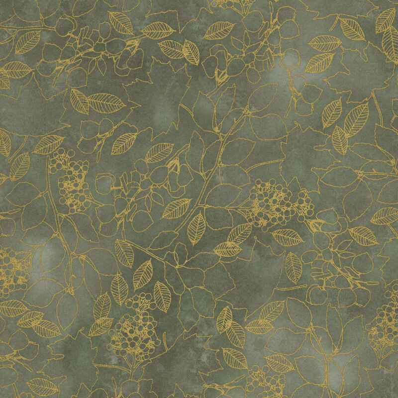 Pattern of green foliage with gold outlines of leaves and berries on a textured background.