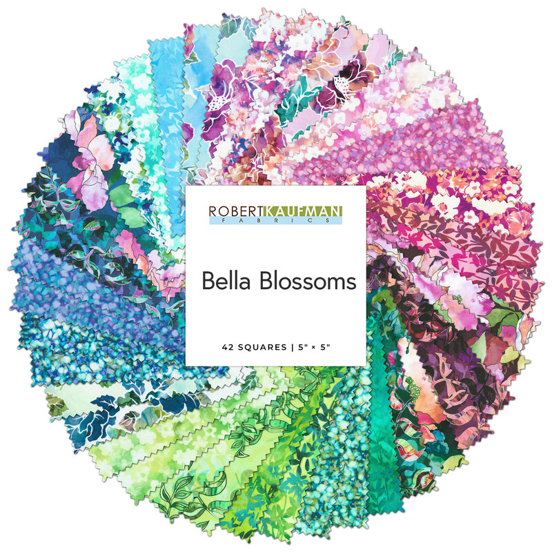 Spiral collage of all of the fabrics in the Bella Blossoms Charm Square in bright blues, greens, and pinks.