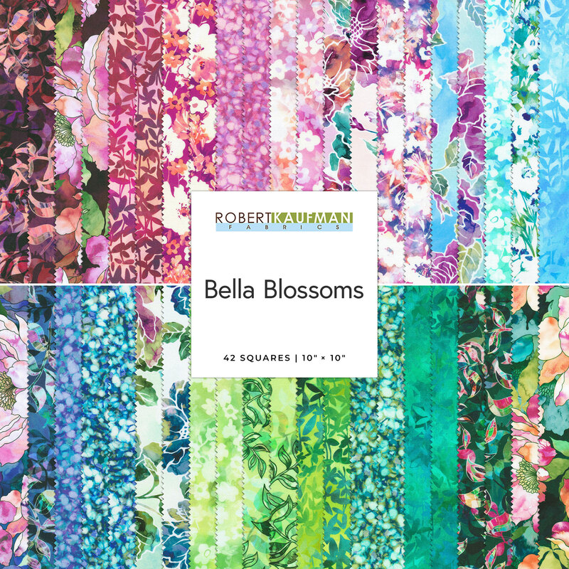 Collage of all of the fabrics in the Bella Blossoms Ten Square in bright blues, greens, and pinks.