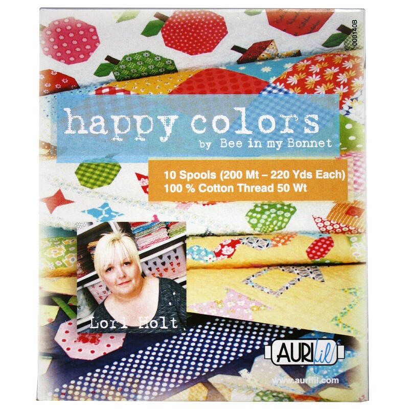 Packaging for Happy Colors cotton thread featuring 10 spools, bright fabrics, and Lori Holt's image.