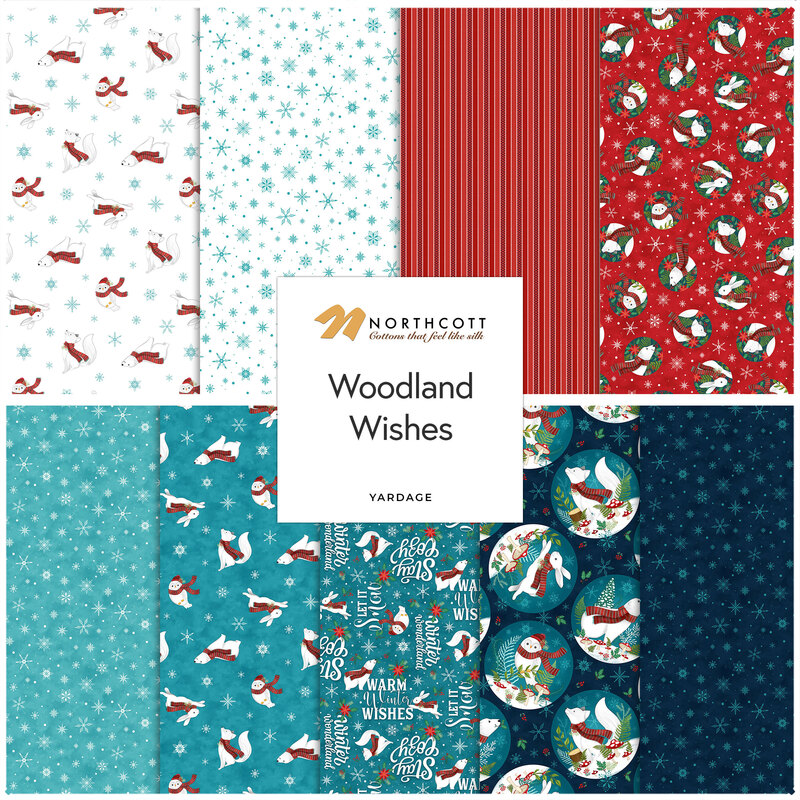 Collage of all of the fabrics included in the Woodland Wishes collection.